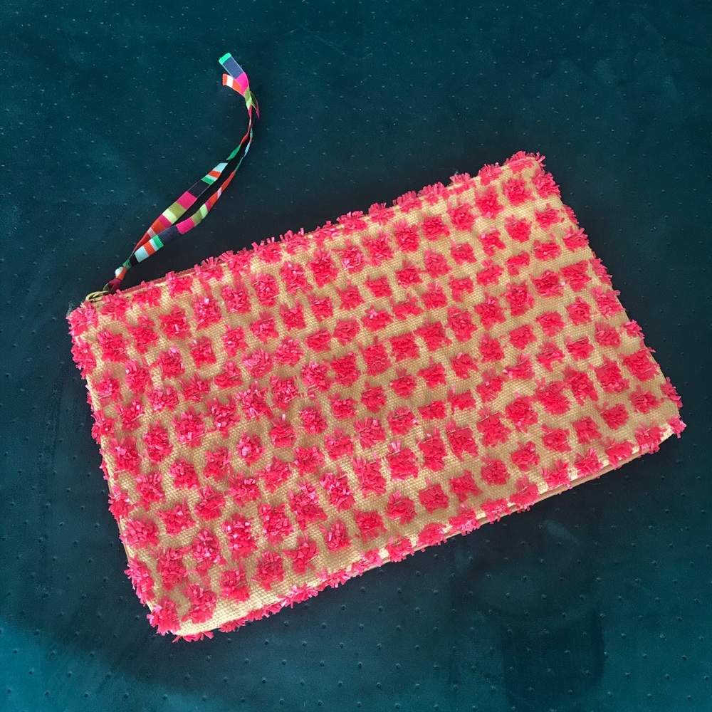 ANTHROPOLOGIE Miss Albright Woven Fringe Clutch in Beige/Pink